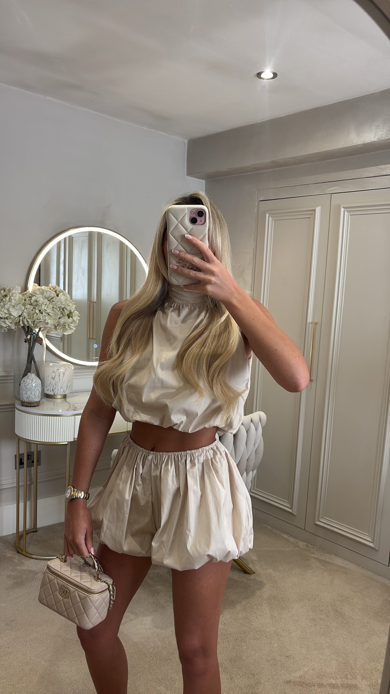 Halter neck puff ball short co-ord