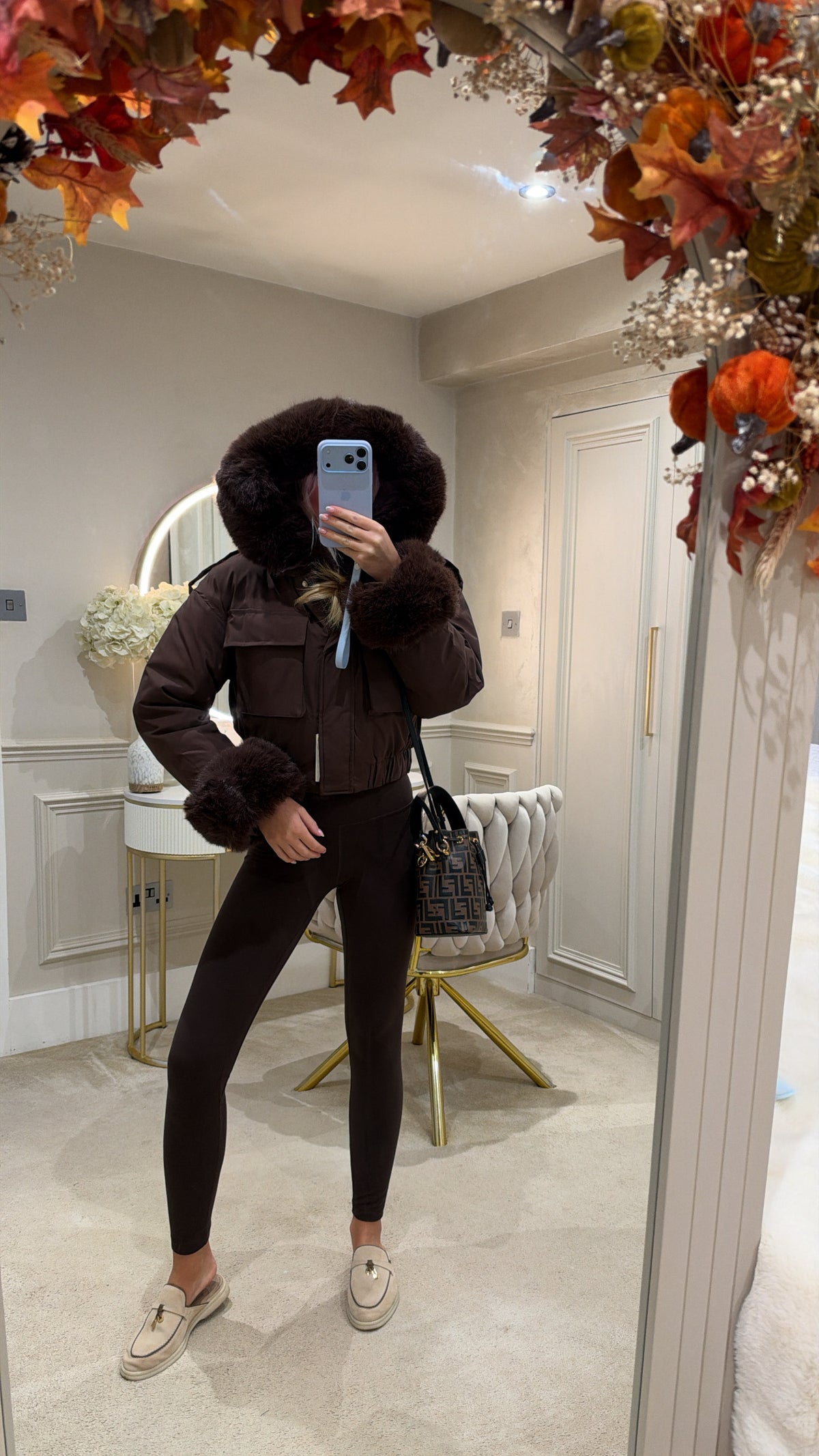Fur cuff cropped puffer coat
