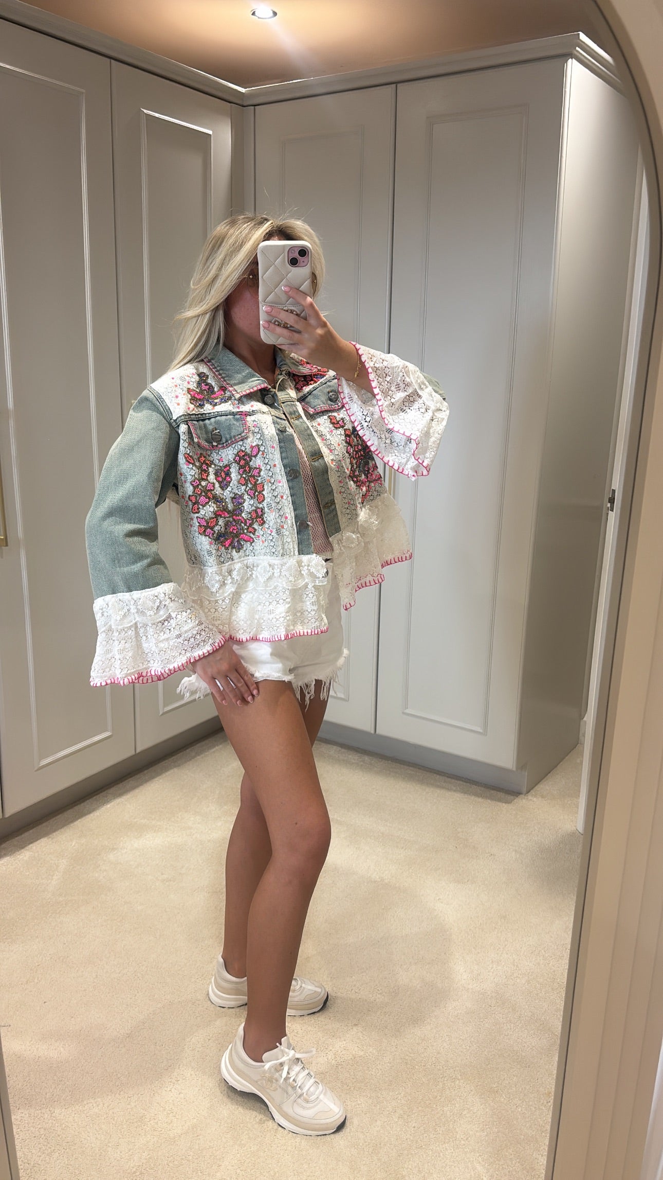 Beaded frill denim jacket ￼
