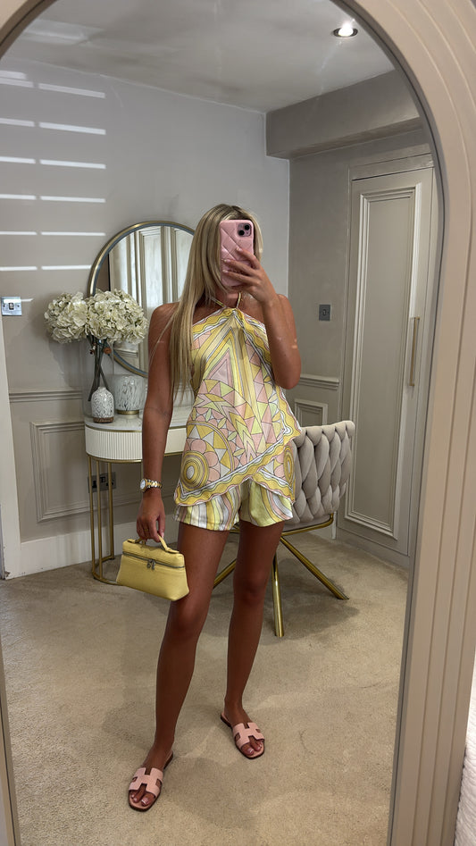 Silk pattern halter neck short set
